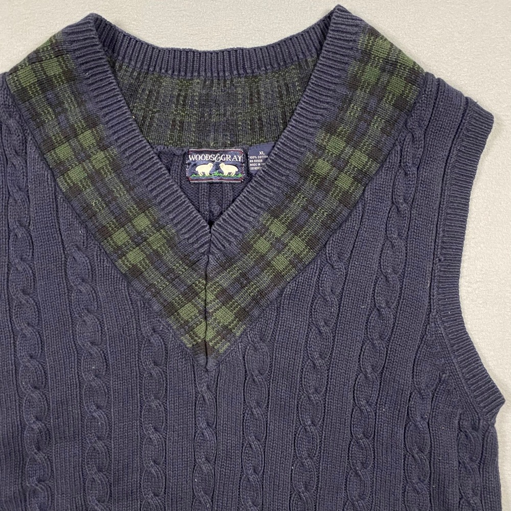 Woods &‎ Gray Mens XL Navy Blue Cable Knit Cotton V-Neck Plaid Trim Sweater Vest